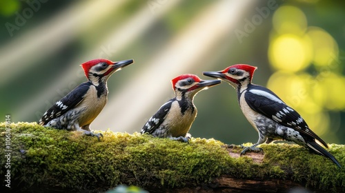 Woodpeckers pecking on a mossy log in a tranquil forest, with beams of sunlight filtering through.