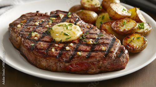 A perfectly grilled ribeye steak with garlic butter melting on top served with roasted potatoes.