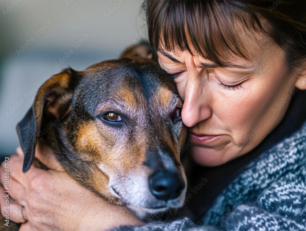 Comforting moment between mature caucasian woman and dog Comforting moment between mature caucasian woman and dog