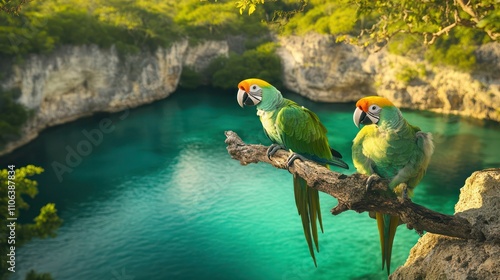 Yellow-naped Amazon parrots on a branch above a turquoise lagoon, with cliffs and trees around. photo