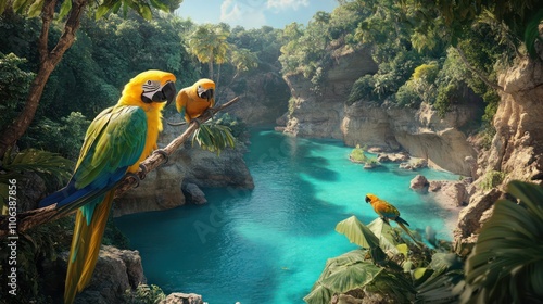 Yellow-naped Amazon parrots on a branch above a turquoise lagoon, with cliffs and trees around.