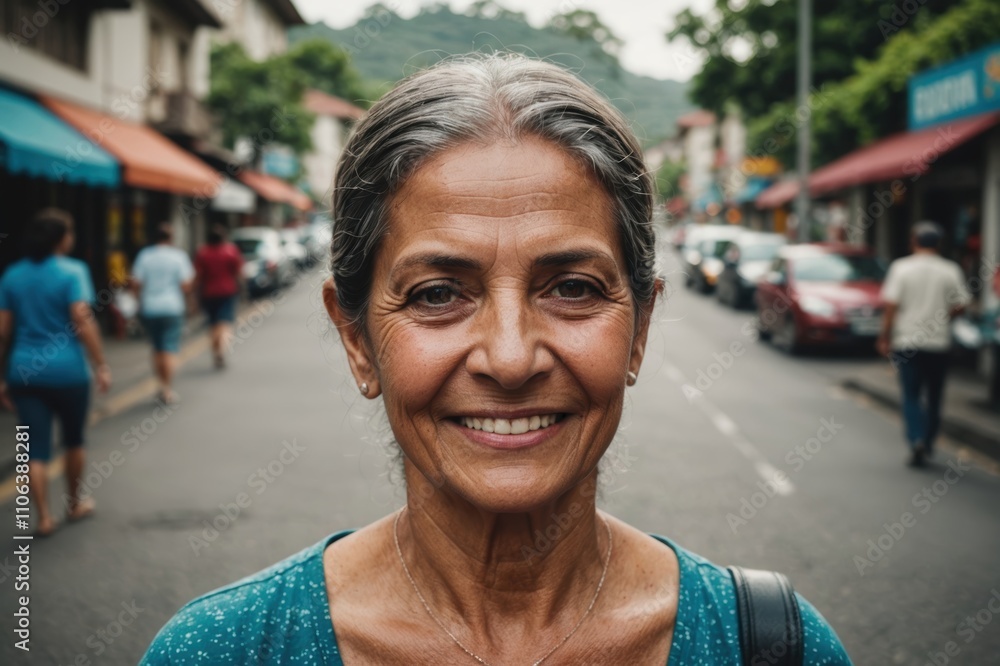 Close portrait of a smiling senior Costa Rican woman looking at the camera, Costa Rican city outdoors blurred background Close portrait of a smiling senior Costa Rican woman looking at the camera, Costa Rican city outdoors blurred background