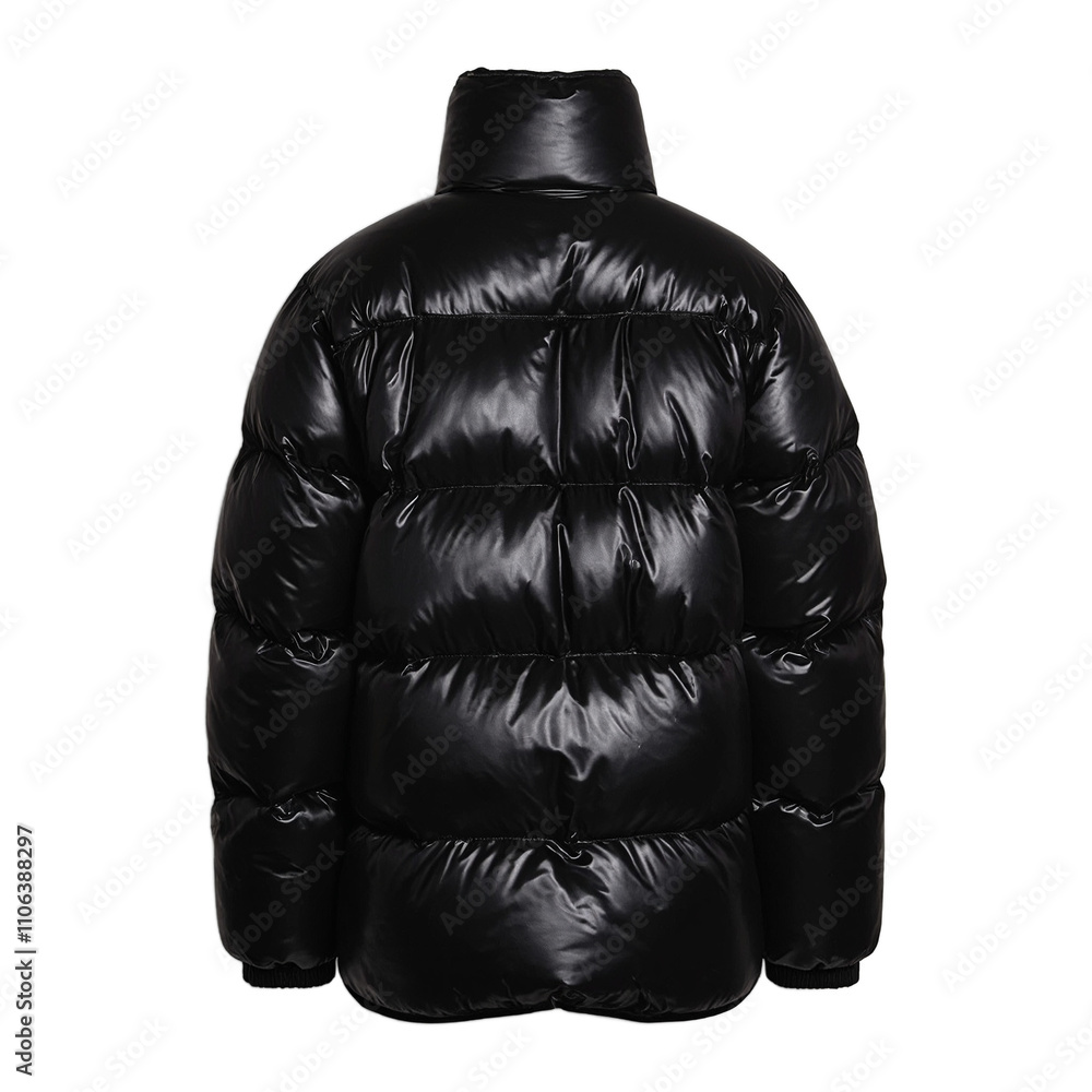 Stylish black puffer jacket with high collar and water resistant finish Stylish black puffer jacket with high collar and water resistant finish