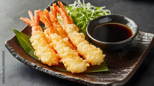 A platter of golden shrimp tempura served with soy dipping sauce and garnished with greens.