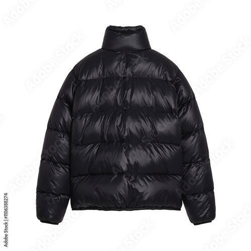 Stylish black puffer jacket with high collar and water resistant finish photo