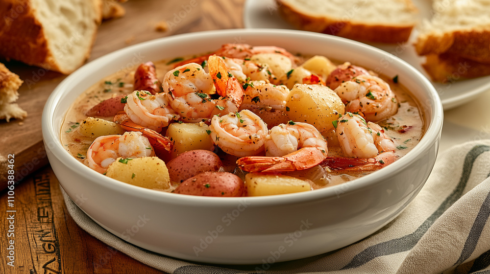 A hearty bowl of creamy shrimp and clam chowder garnished with fresh herbs, served with rustic bread, creating a cozy, gourmet seafood dining experience A hearty bowl of creamy shrimp and clam chowder garnished with fresh herbs, served with rustic bread, creating a cozy, gourmet seafood dining experience