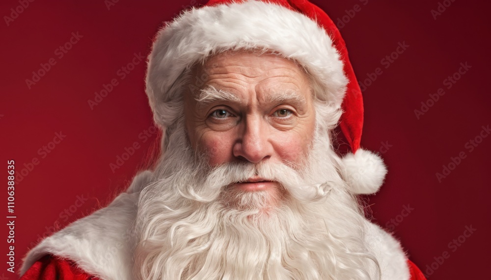 Santa claus is posing in his iconic red suit and hat against a matching red background Santa claus is posing in his iconic red suit and hat against a matching red background