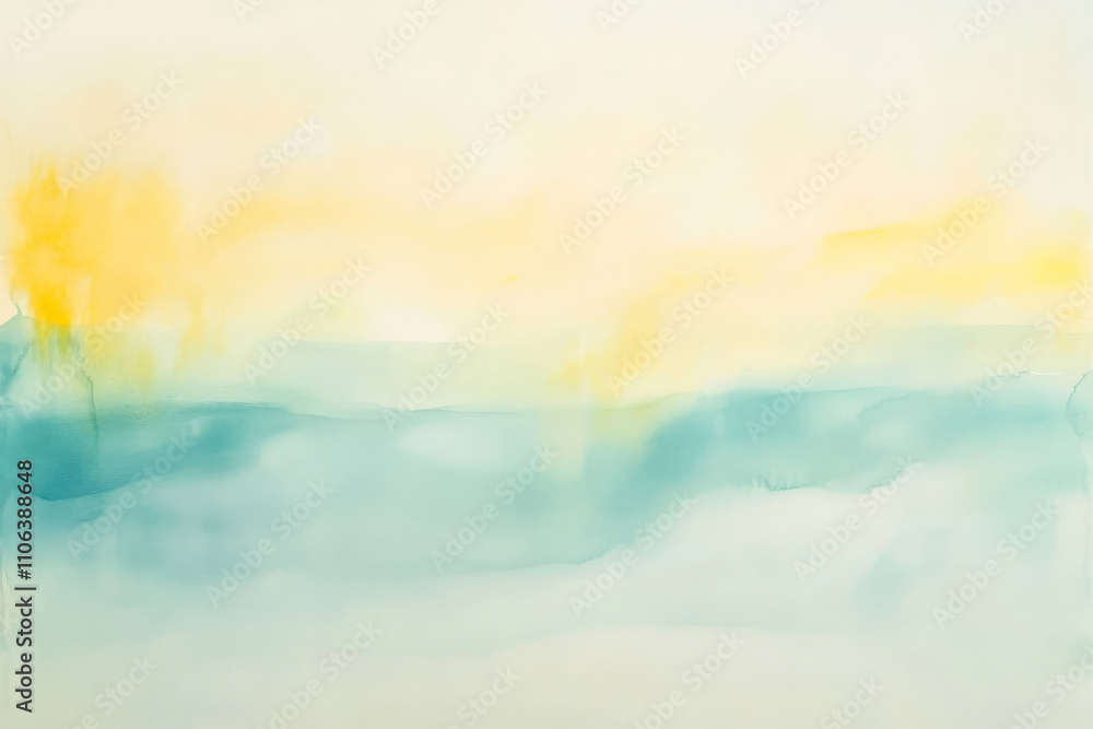 Fototapeta premium Abstract watercolor wash texture, soft gradients of sky blue blending into pale yellow, serene and fluid