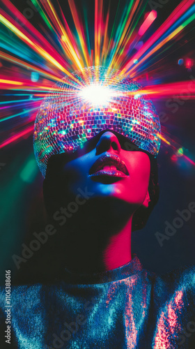 Vibrant disco light reflection on female with futuristic mirror glasses photo