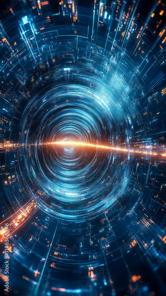 Obraz premium Futuristic digital tunnel with glowing blue and orange lights