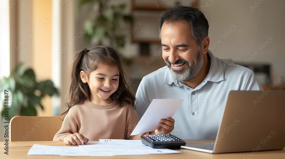 Obraz premium Happy Hispanic Dad and Daughter Counting Expenses at Home