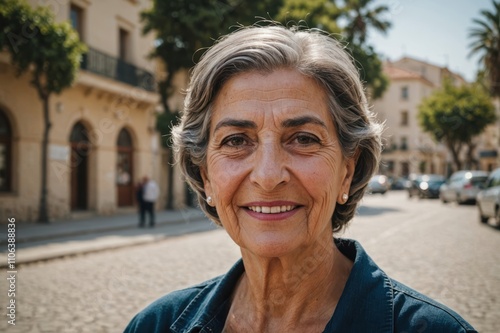 Close portrait of a smiling senior Cypriot woman looking at the camera, Cypriot city outdoors  blurred background