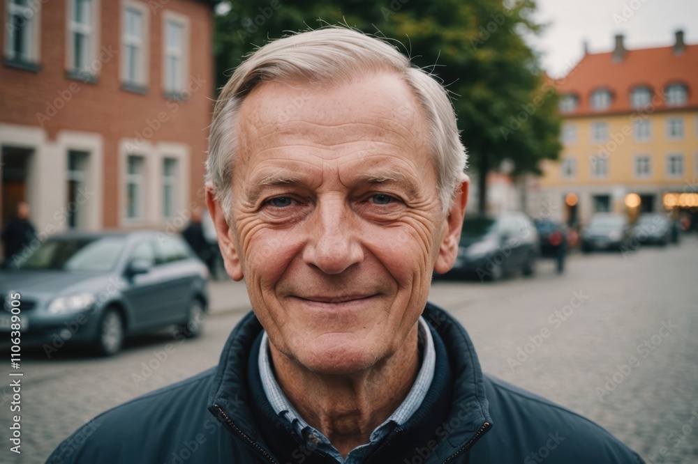 Close portrait of a smiling senior Danish man looking at the camera, Danish city outdoors blurred background Close portrait of a smiling senior Danish man looking at the camera, Danish city outdoors blurred background