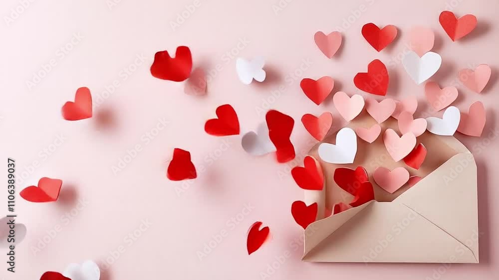letter envelope with papier origami heart shaped confetti on pastel background. Festive romantic and love concept. Valentines or anniversary day background for greeting card, banner with copy space letter envelope with papier origami heart shaped confetti on pastel background. Festive romantic and love concept. Valentines or anniversary day background for greeting card, banner with copy space