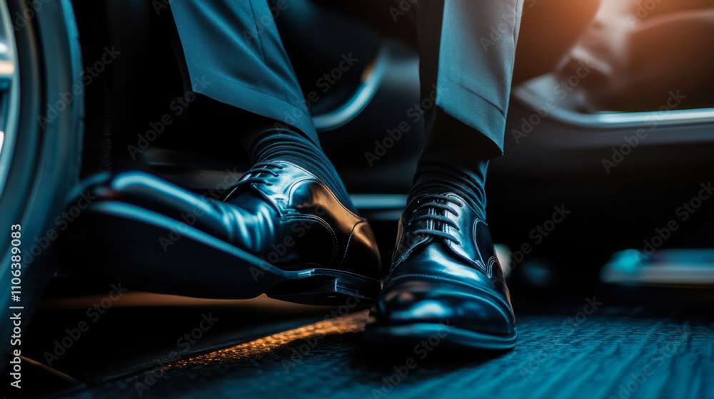 A businessman wearing polished shoes steps into a luxury car at dusk, showcasing elegance and professionalism during evening travel A businessman wearing polished shoes steps into a luxury car at dusk, showcasing elegance and professionalism during evening travel