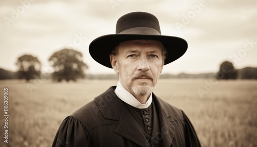 Portrait of a serious priest wearing black hat and cassock standing in a field photo