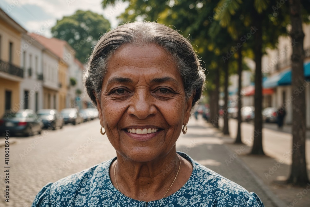 Close portrait of a smiling senior Dominican woman looking at the camera, Dominican city outdoors blurred background Close portrait of a smiling senior Dominican woman looking at the camera, Dominican city outdoors blurred background