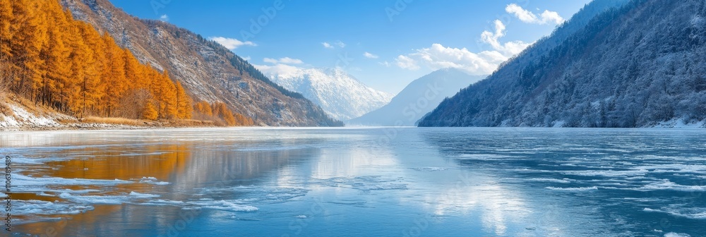 Fototapeta premium Frozen lake and mountains, Winter landscape with a frozen lake, snow-covered shores, and mountains.