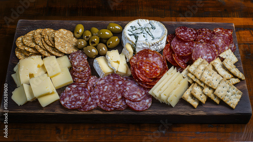 A rustic charcuterie board with assorted cheeses cured meats olives and crackers. photo