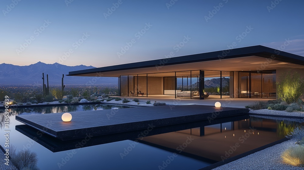 Fototapeta premium Modern desert house with infinity pool and mountain view at dusk.