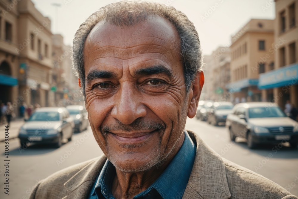 Close portrait of a smiling senior Egyptian man looking at the camera, Egyptian city outdoors blurred background Close portrait of a smiling senior Egyptian man looking at the camera, Egyptian city outdoors blurred background