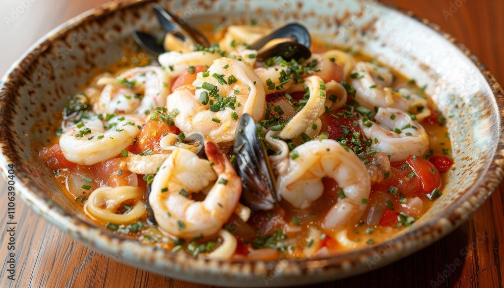 Delicious asian buckwheat noodles with seafood, served in traditional style amid eastern decor Delicious asian buckwheat noodles with seafood, served in traditional style amid eastern decor