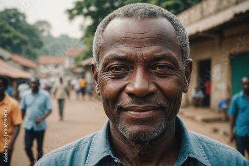 Close portrait of a smiling senior Equatorial Guinean man looking at the camera, Equatorial Guinean city outdoors blurred background