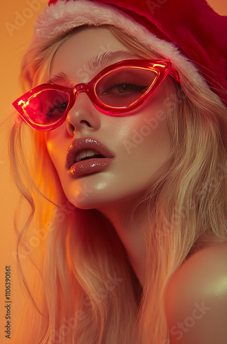 Fashion model showcasing bold red sunglasses and festive holiday hat in a vibrant studio setting