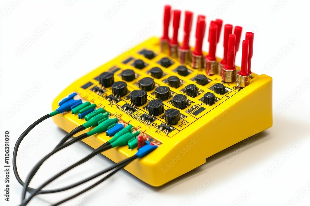 Yellow device, knobs, red and colored probes. Yellow device, knobs, red and colored probes.