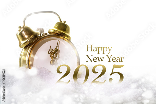 Happy New Year 2025 as text and a golden vintage alarm clock on a snowy background, greeting card with copy space photo