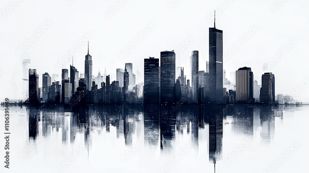 Fototapeta premium Modern city skyline with reflective water in monochrome