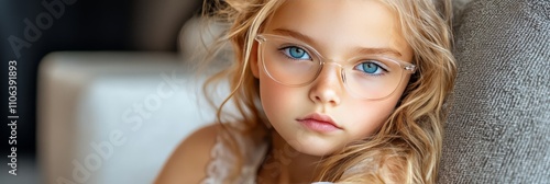 Close Up Of A Curious, Blue-eyed Girl With Glasses, Highlighting Beauty And Intelligence photo