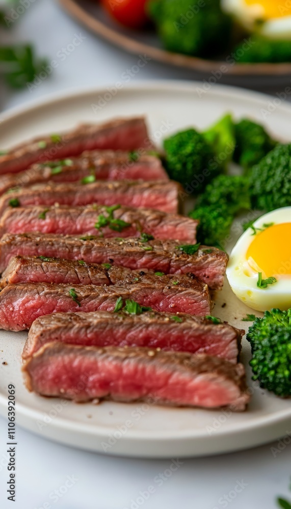 Sliced Steak and Eggs with Broccoli, A Healthy and Delicious Meal Presented on a White Plate Sliced Steak and Eggs with Broccoli, A Healthy and Delicious Meal Presented on a White Plate