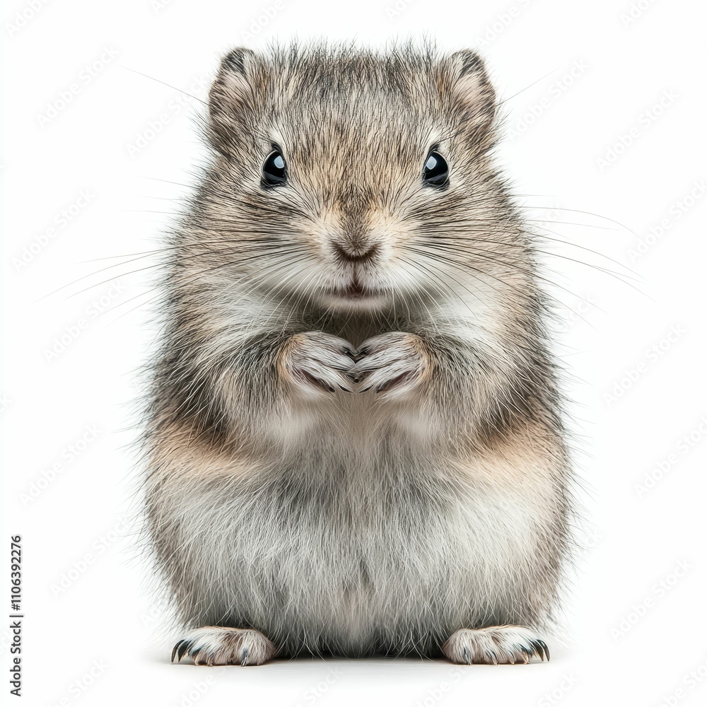 Fototapeta premium Fluffy rodent sits, paws together, white background.