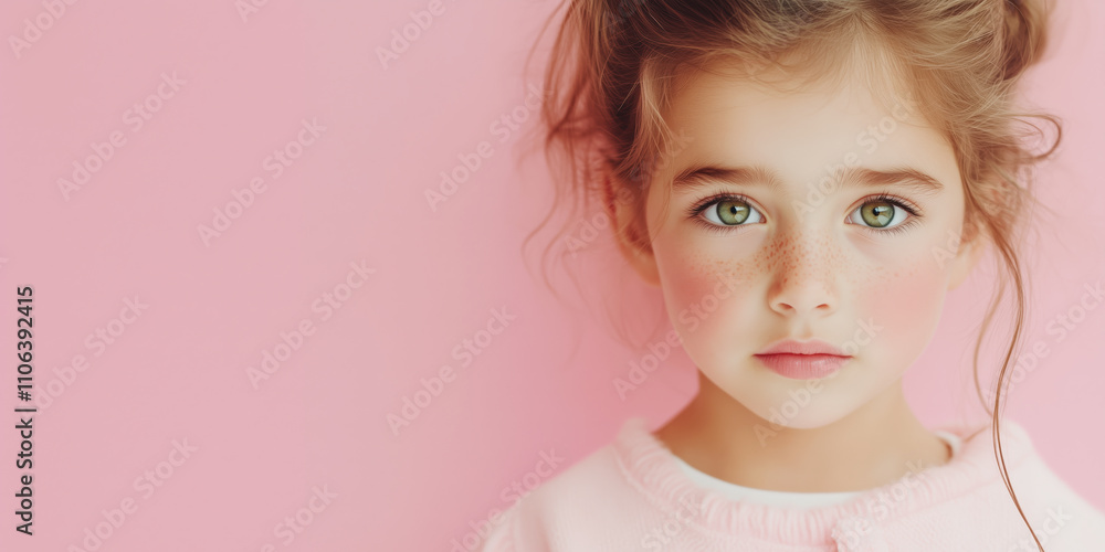 Portrait of Cute Sad Child Girl Over Pastel Pink Background with Copy Space