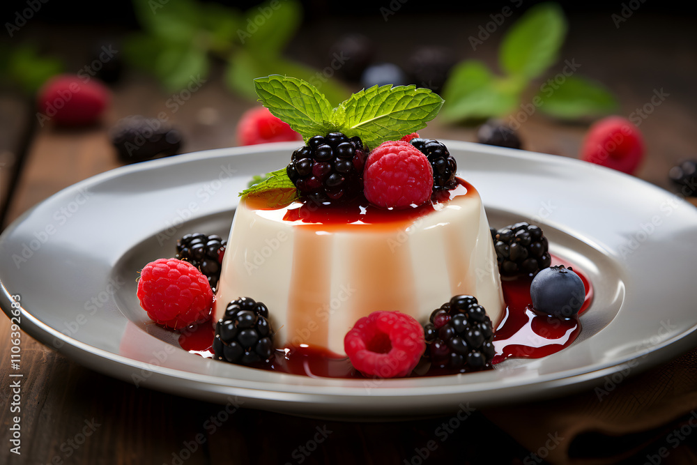 Vanilla Panna Cotta with Mixed Berries – Silky Italian Dessert Topped with Fresh Raspberries, Blackberries, and Mint Leaves Vanilla Panna Cotta with Mixed Berries – Silky Italian Dessert Topped with Fresh Raspberries, Blackberries, and Mint Leaves