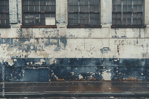 Abandoned vintage shop with faded blue and white facade, grimy windows, and closed shutters photo