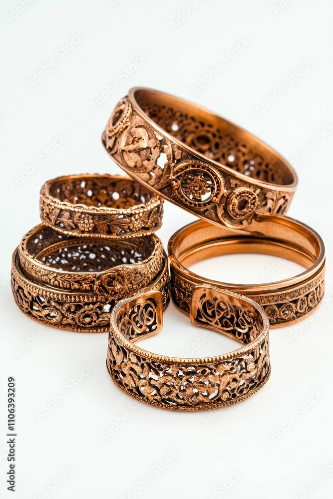 Ornate metallic bangles, stacked, detailed designs. Ornate metallic bangles, stacked, detailed designs.