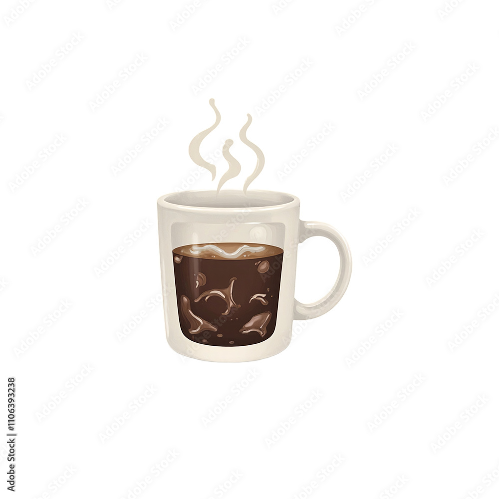 Obraz premium Steaming black coffee in a ceramic mug with swirling liquid and rising steam