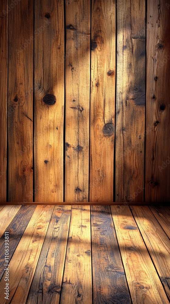 Sunlight streams through a window onto a rustic wooden wall and floor. Sunlight streams through a window onto a rustic wooden wall and floor.