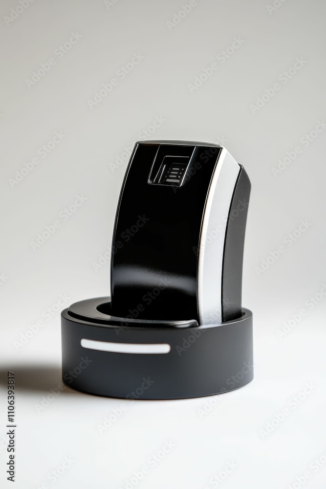 Sleek black device, curved, on circular base. Sleek black device, curved, on circular base.