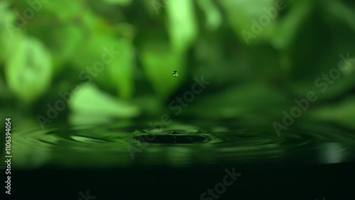 Macro shot of organic serum drop is falling. Crystal clear water splash. Concept of wellness beauty products. Green tea or aloe vera extract. Natural herb skin care. Essence dropping in slow motion