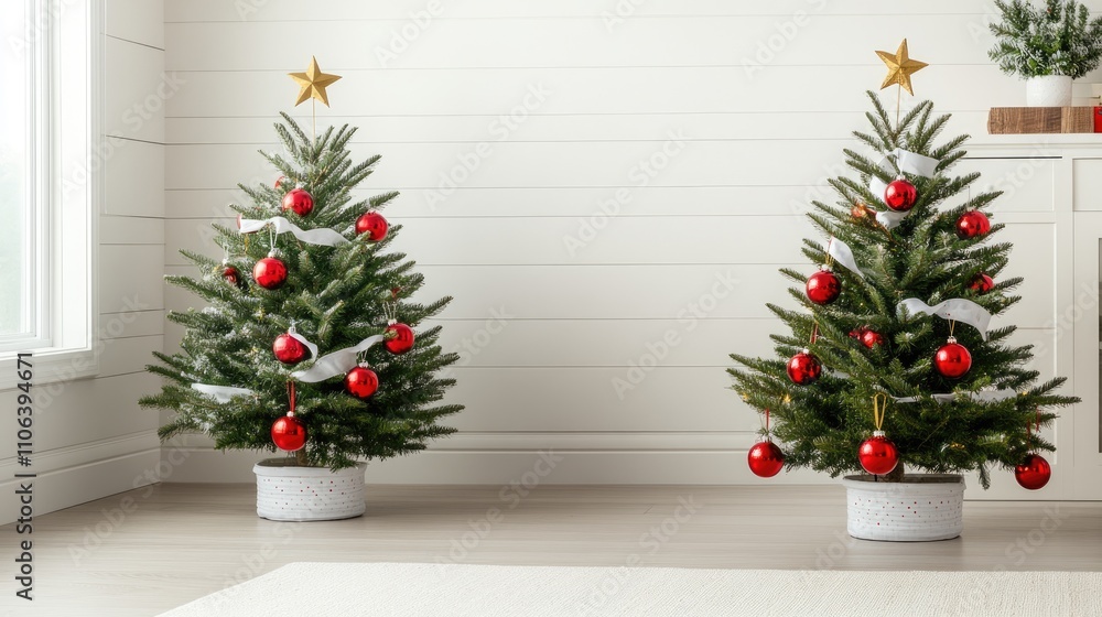 Two festive Christmas trees, adorned with red apples, ribbons, and glowing lights, create a warm, cheerful atmosphere in a bright room Two festive Christmas trees, adorned with red apples, ribbons, and glowing lights, create a warm, cheerful atmosphere in a bright room