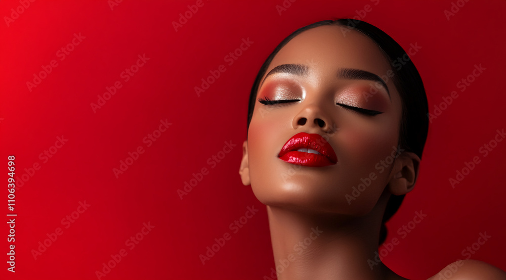 Captivating beauty portrait featuring radiant makeup against a bold red backdrop in an artistic display of glamour Captivating beauty portrait featuring radiant makeup against a bold red backdrop in an artistic display of glamour