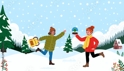 Two friends enjoy a snowy winter day while playing in the snow and sharing a snow globe