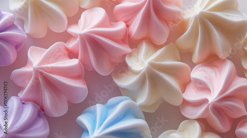 Colorful meringue cookies in pastel shades displayed in a confectionery arrangement