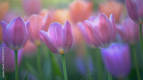 Vibrant pink tulips in bloom in a sunlit garden setting