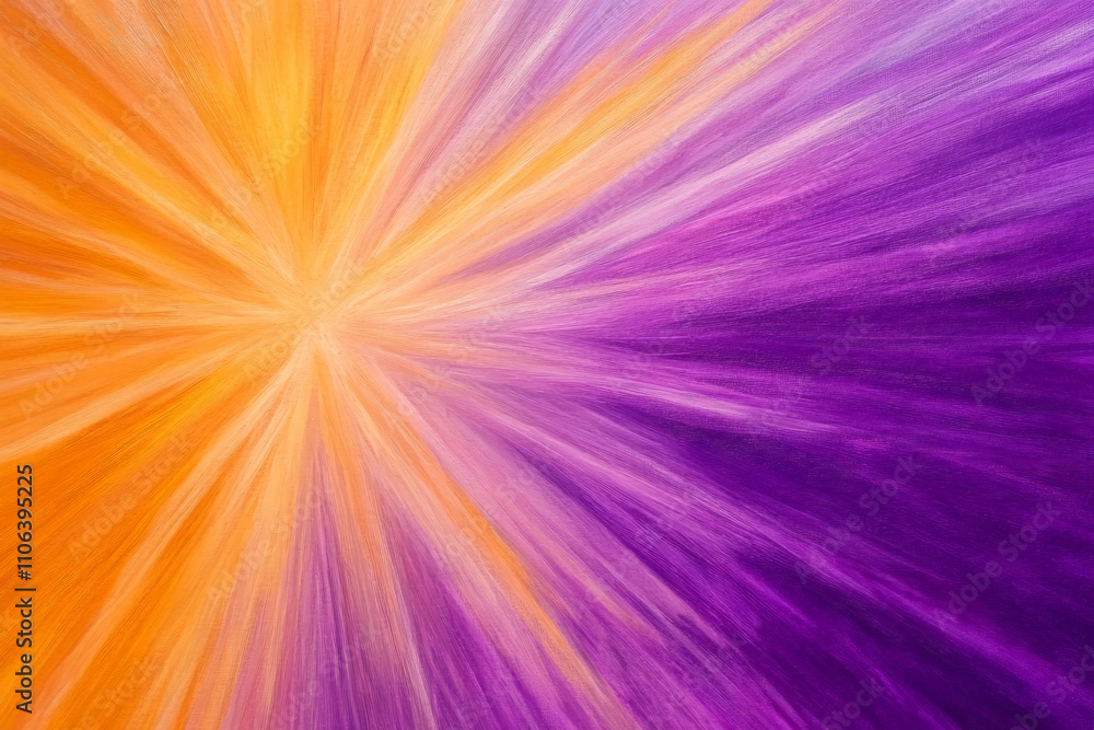 Fototapeta premium Abstract cosmic starburst texture, vibrant purple and orange streaks radiating from a luminous center, celestial and dynamic
