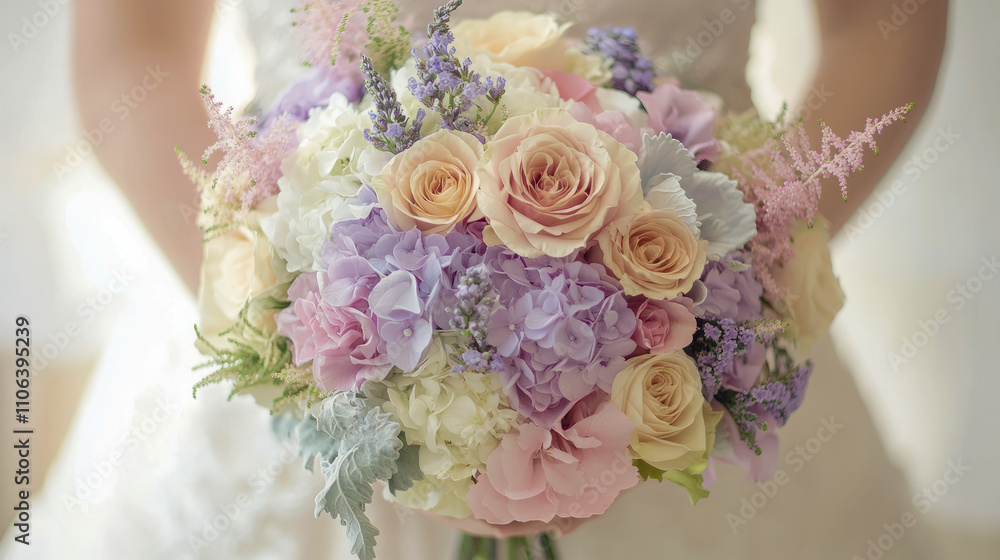 Bridal bouquet with lavender, pink, and cream flowers Bridal bouquet with lavender, pink, and cream flowers