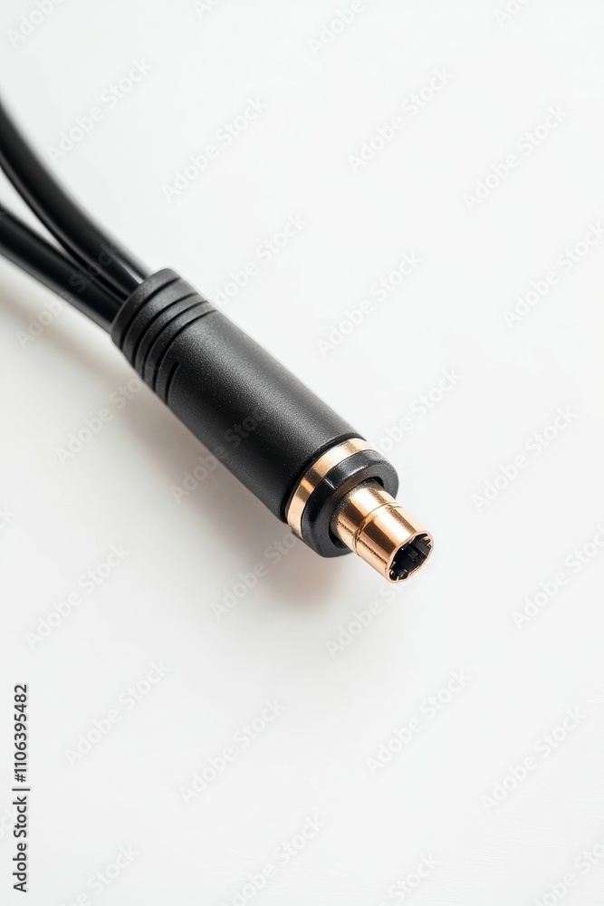 Black cable with gold-tipped connector on white. Black cable with gold-tipped connector on white.